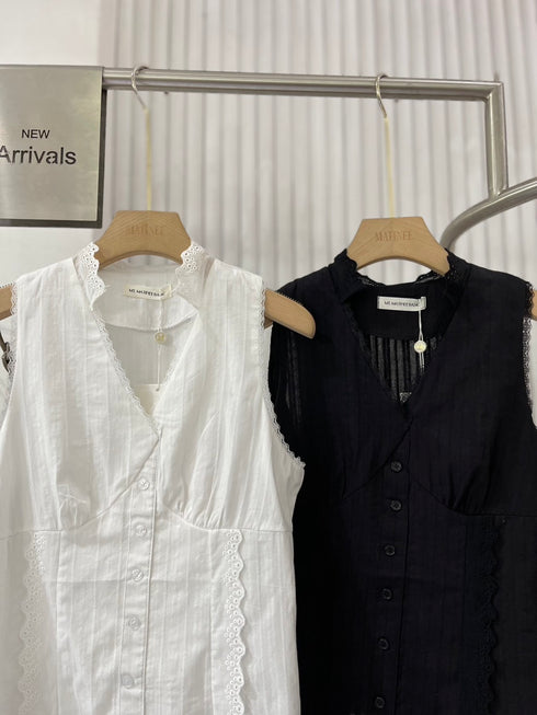 Sleeveless V-neckline Lace Trim Back Tie Blouse